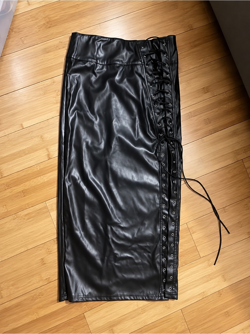 Black Faux Leather Lace-Up Midi Skirt